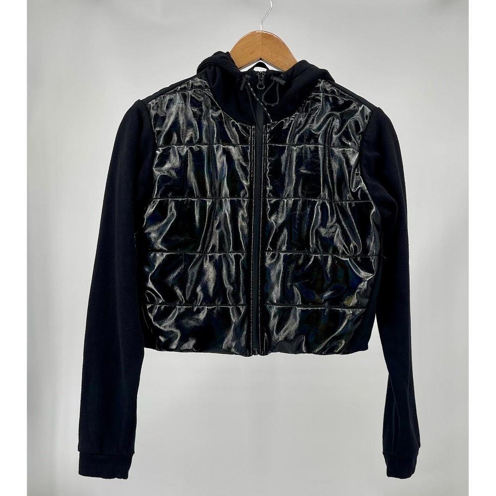 ALO Yoga Jacket Womens S Black Iridescent Quilted Hooded Mixed Media Zip